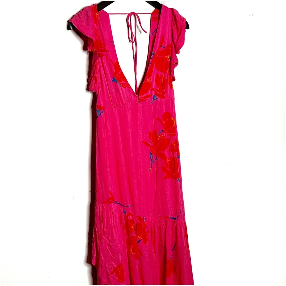 Free People She's a Waterfall Hot Pink Floral Print Ruffled Maxi Dress Size 6